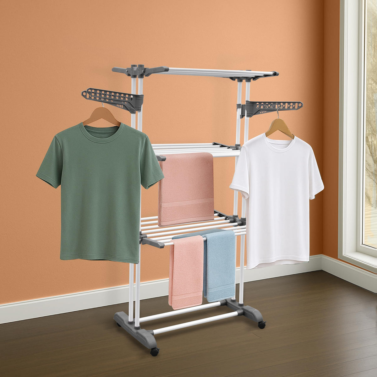 Plantex 3 Layer GI Steel Cloth Stand for Drying Clothes Foldable/Clothes Drying Rack for Balcony/Clothes Drying Stand - Clofera (White & Gray)