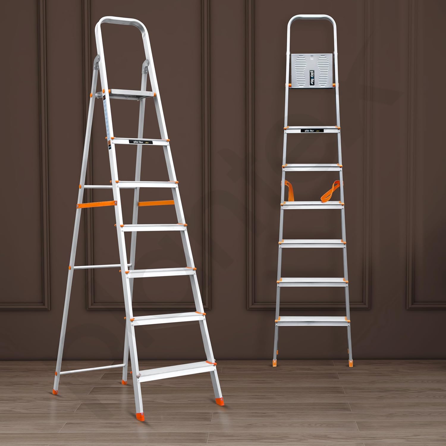Plantex Legend Aluminium Folding 7 Step Ladder for Home - 7 Step Anti Skid Ladder/Wide Step Ladder (Orange-Chrome)