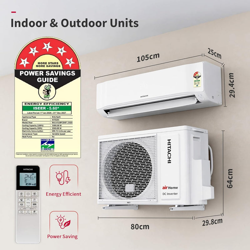 Hitachi 1.5 Ton 5 Star, New Star rated, Inverter Split AC (Copper, Smart View Display, 4 Way Swing, ice Clean, Anti-bacterial Filter,RAS.V518PCDIBT, White)