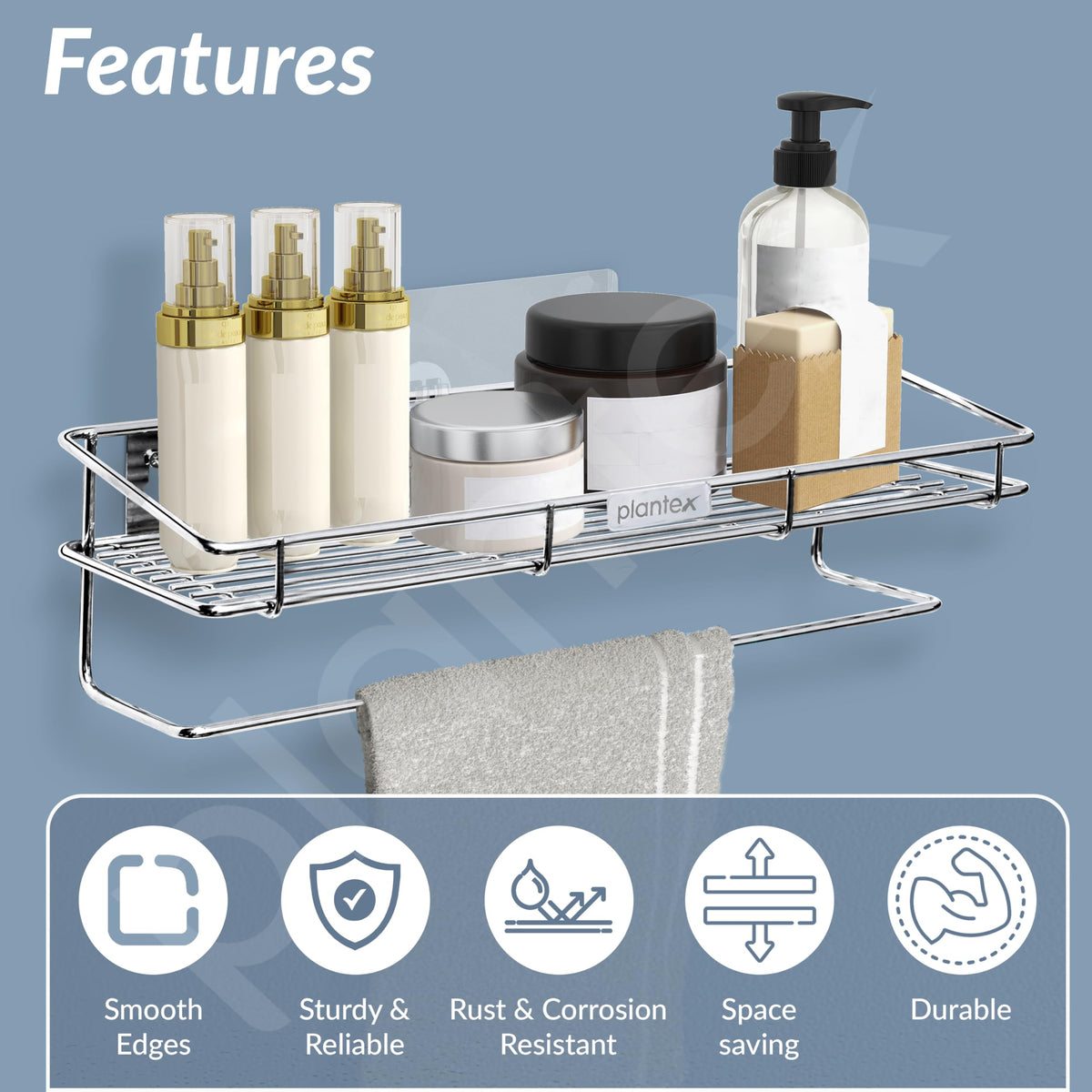 Plantex Self Adhesive Bathroom Shelf/Stainless Steel Shelf with Towel Rod/Napkin Holder/Kitchen Shelves & Racks/Kitchen Stand/Rack (Chrome)-6