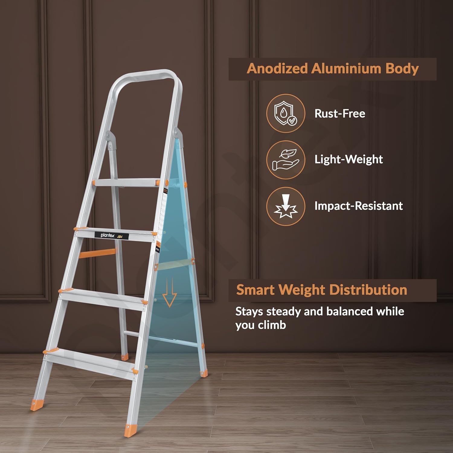 Plantex Legend 4 Step Ladder for Home/Anti-Slip Steps/Easy to Fold Aluminium Ladder/Capacity Upto 150 kg (Orange-Chrome)