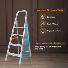 Plantex Legend 4 Step Ladder for Home/Anti-Slip Steps/Easy to Fold Aluminium Ladder/Capacity Upto 150 kg (Orange-Chrome)