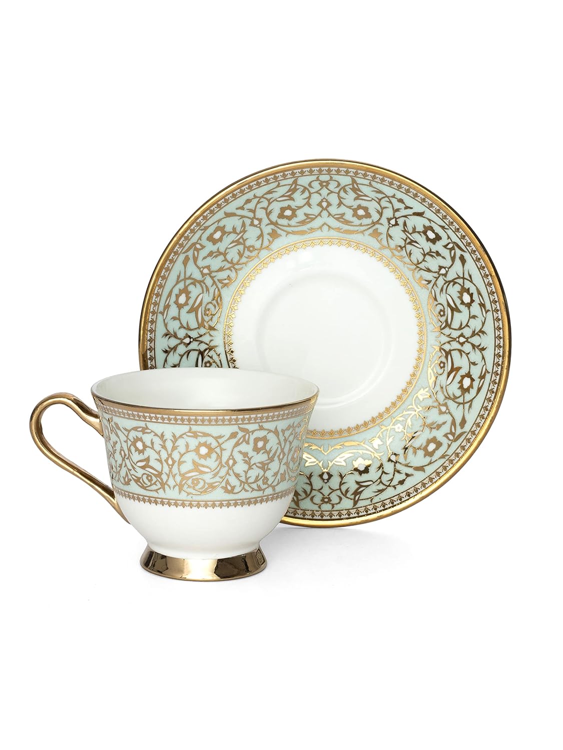 Clay Craft Fine Ceramic Golden Print Tea Set of 15 (1 Tea Pot with Lid +6 Cups+6 Saucers +1 Milk Pot + 1 Sugar Pot)