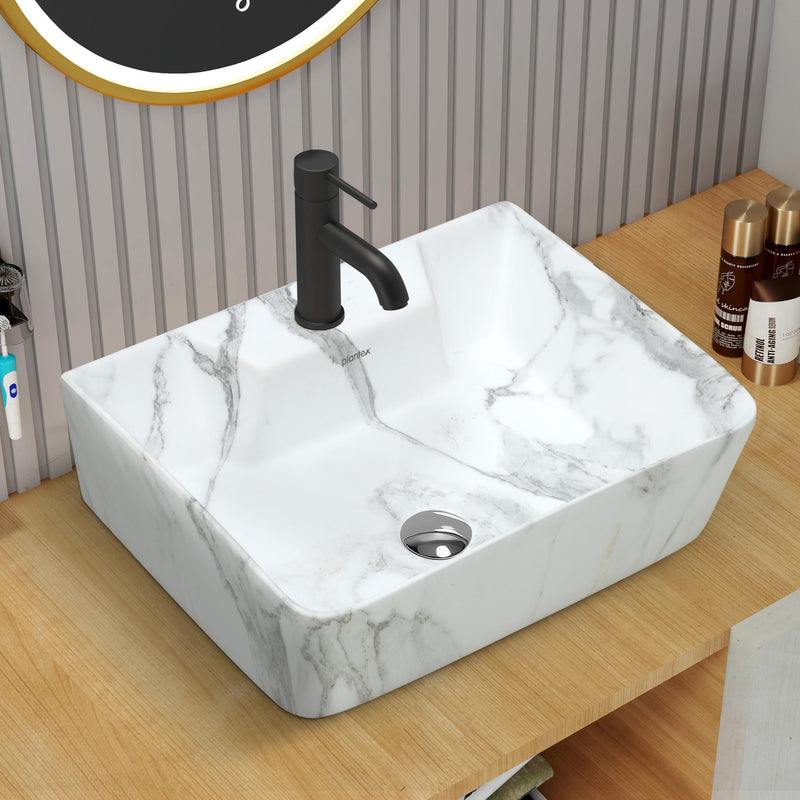 Plantex Ceramic Wash Basin for Bathroom/Rectangle Wall Mount Basin/Bathroom Sink/Washbasin for Restaurant/Hotel (Marble Finish - 16 x 12 x 5 Inch)-1