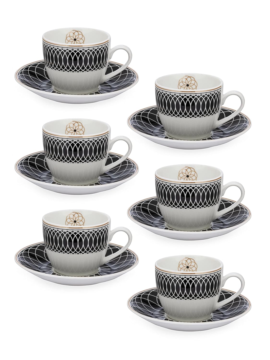 Clay Craft Fine Ceramic Cream Series Cup & Saucer Set for Tea/Coffee of 12 (6 Cups + 6 Saucers) - 180 ml Each (Black Circles)