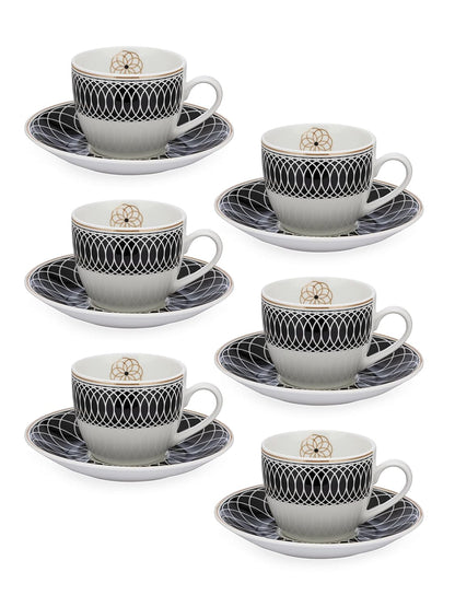 Clay Craft Fine Ceramic Cream Series Cup & Saucer Set for Tea/Coffee of 12 (6 Cups + 6 Saucers) - 180 ml Each (Black Circles)