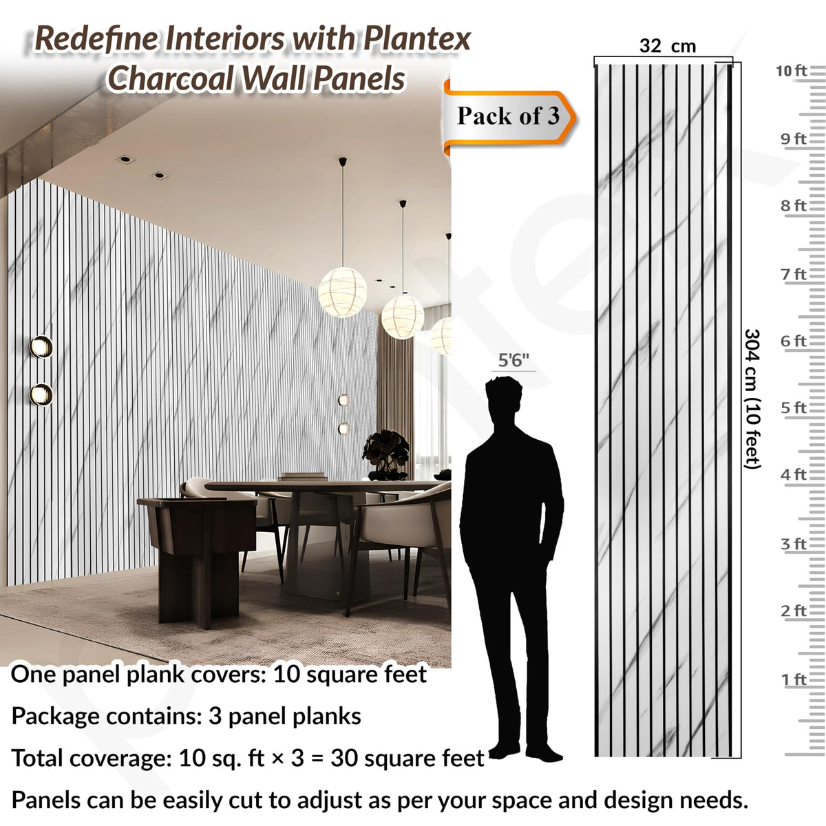 Plantex PVC Wall Panel/Louvers Panel for Wall/3d Wall Panel for Interior Wall Decor/Eco-Friendly Fluted Panel for Wall/- Pack of 3 Covers - 30 Sq.Ft (White & Black, 1ft x 10Ft)-2