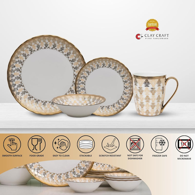 Clay Craft Fine Ceramic Ebony Dinner Set, Enchanting Gold, for Family of 4, Dinner Set Ceramic, Crockery Set, Dining Set for Dinner, Crockery Set for Gift, Kitchen Set (16 Pieces, E625)
