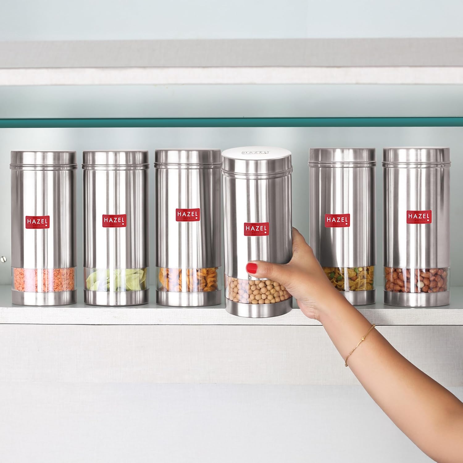 HAZEL Stainless Steel Kitchen Containers| 1 Ltr Each Transparent Kitchen Container Set with Matt Finish | Multipurpose Storage Box for kitchen containers, Set of 6