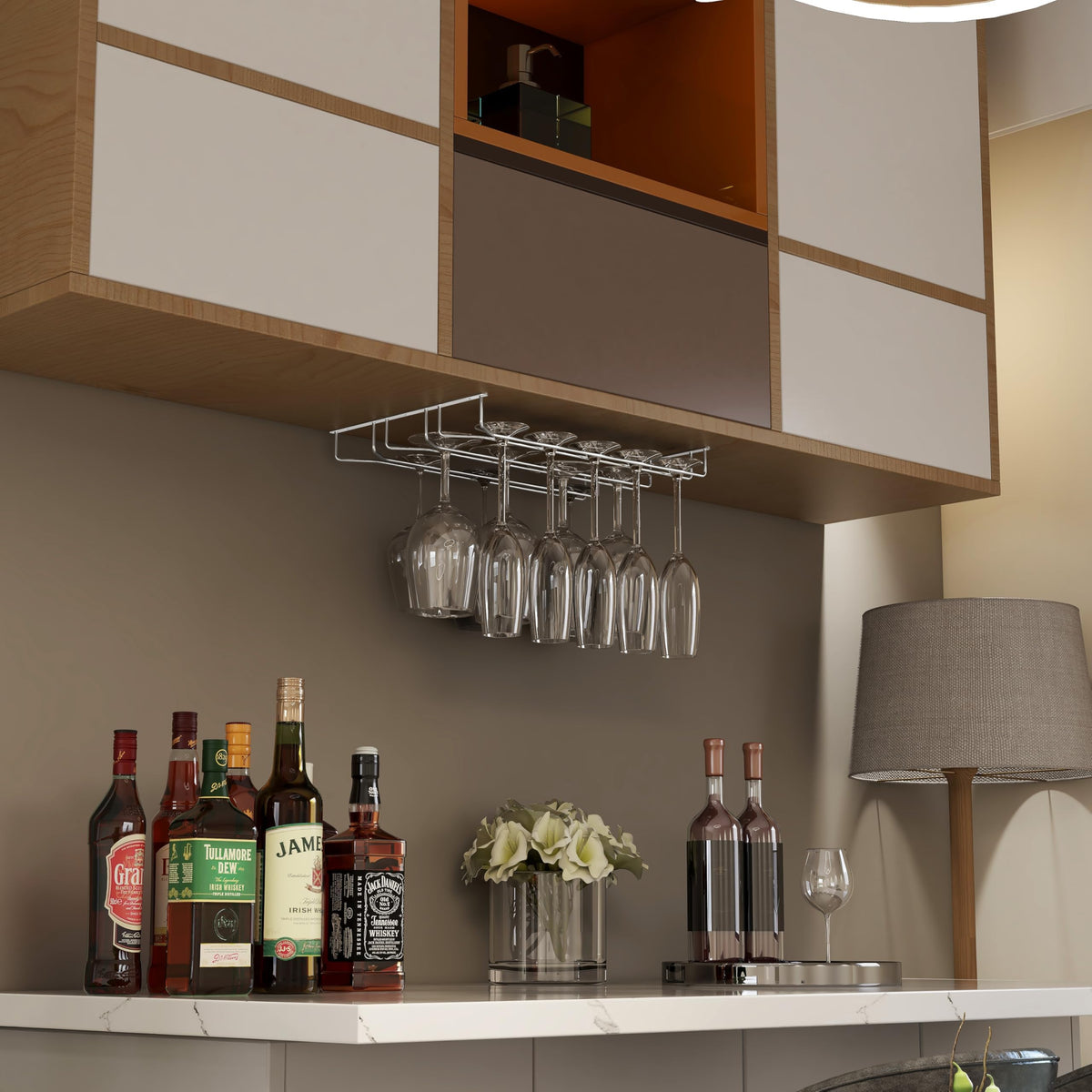 Plantex Stainless Steel Wine Glass Holder/3-Line Hanging Wine Glasses Rack/Upside-Down Glass Organizer Stand for Kitchen & Bar (L20 X W13 Inches - Triple Line), Hanging Shelves-4