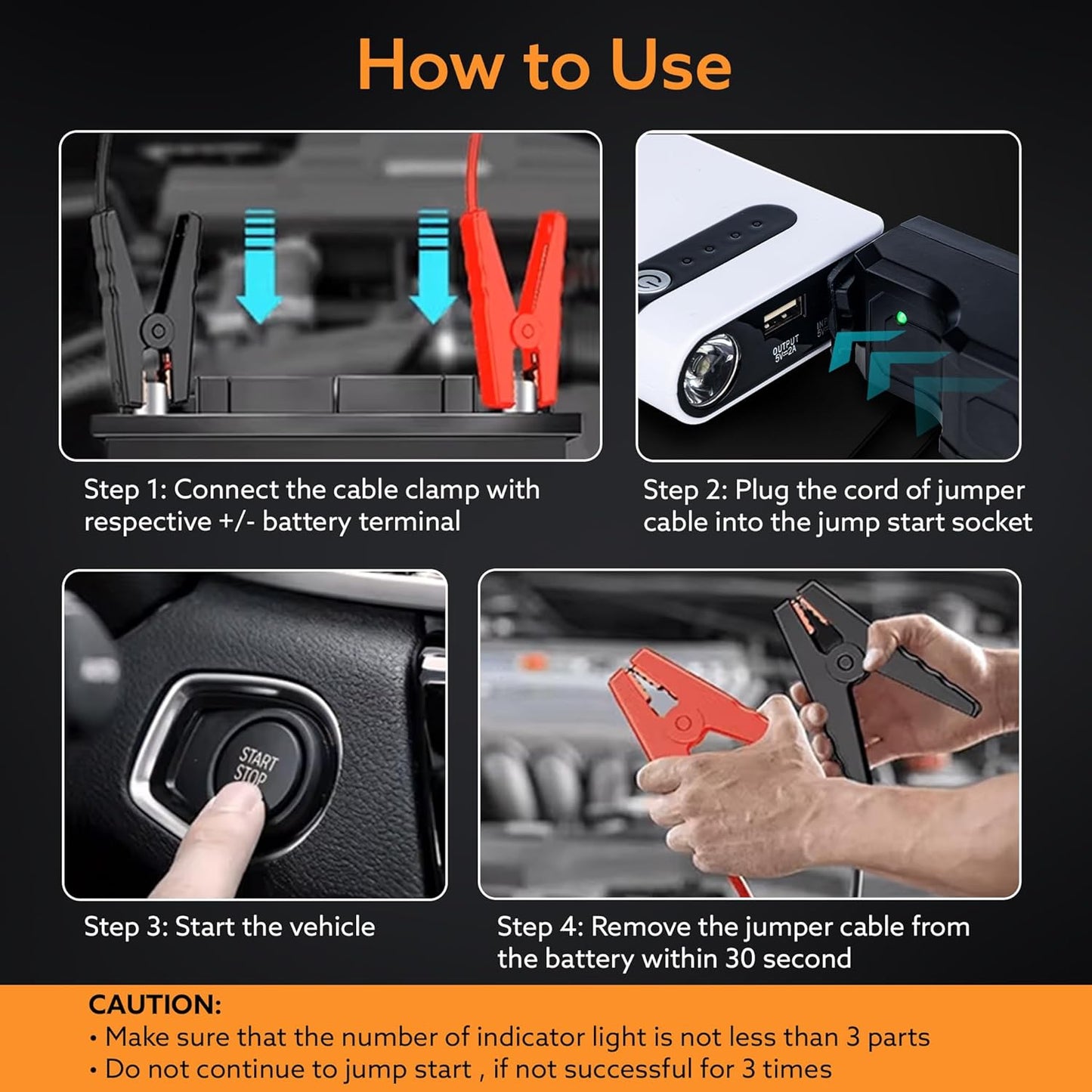 AGARO Primo Portable Jump Starter for Car & Bike, 12000mAh Battery, 3 in 1, Power Bank, LED Flashlight 3 Mode, Safety Protection, Type C Charge, Petrol & Diesel Engine Compatible, with Carry Bag