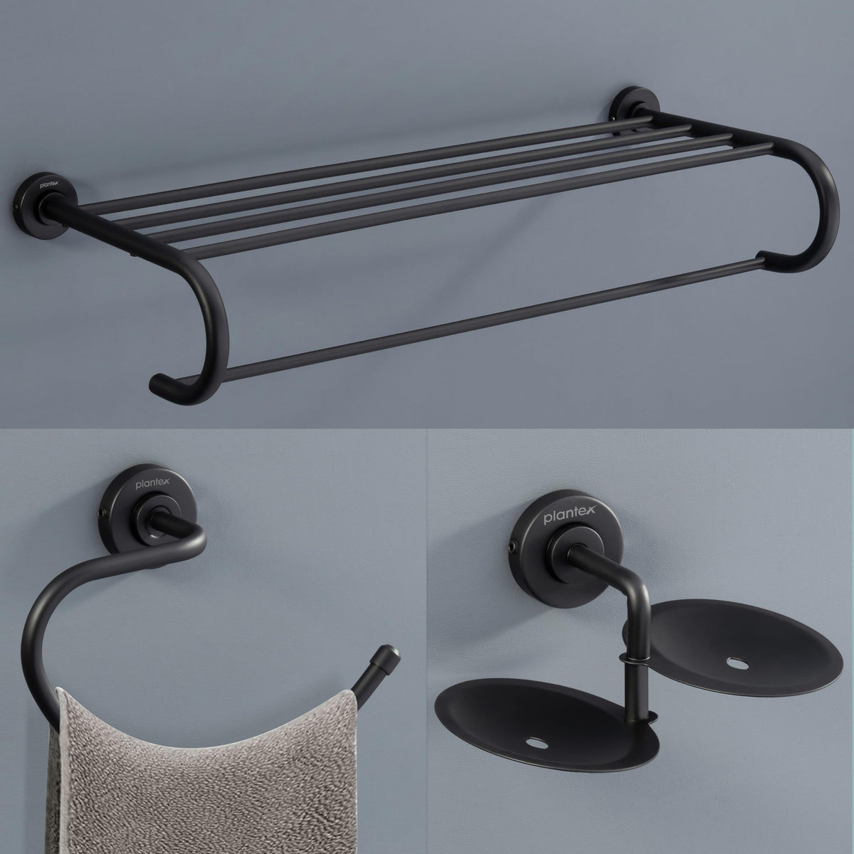 Plantex 304 Grade Stainless Steel Bathroom Accessories Set of 3 - Towel Stand/Napking Hanger/Dual Soap Holder for Bathroom - Daizy (Black)-1