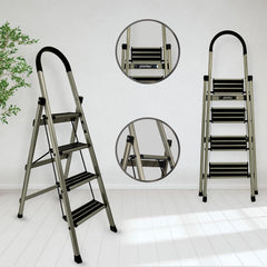 Plantex Guardex 4 Step Foldable Aluminum Ladder for Home/Ladder with Anti-Slip Shoes and Edge Guards/5 Year Manufacturer Warranty (Anodize Coated-Gold)