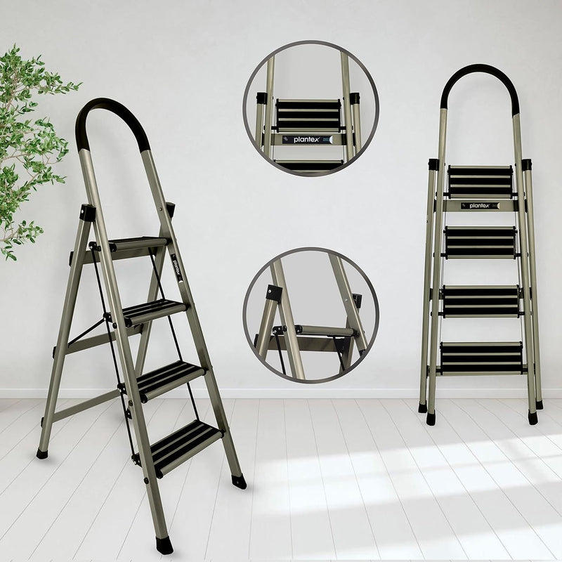 Plantex Guardex 4 Step Foldable Aluminum Ladder for Home/Ladder with Anti-Slip Shoes and Edge Guards/5 Year Manufacturer Warranty (Anodize Coated-Gold)