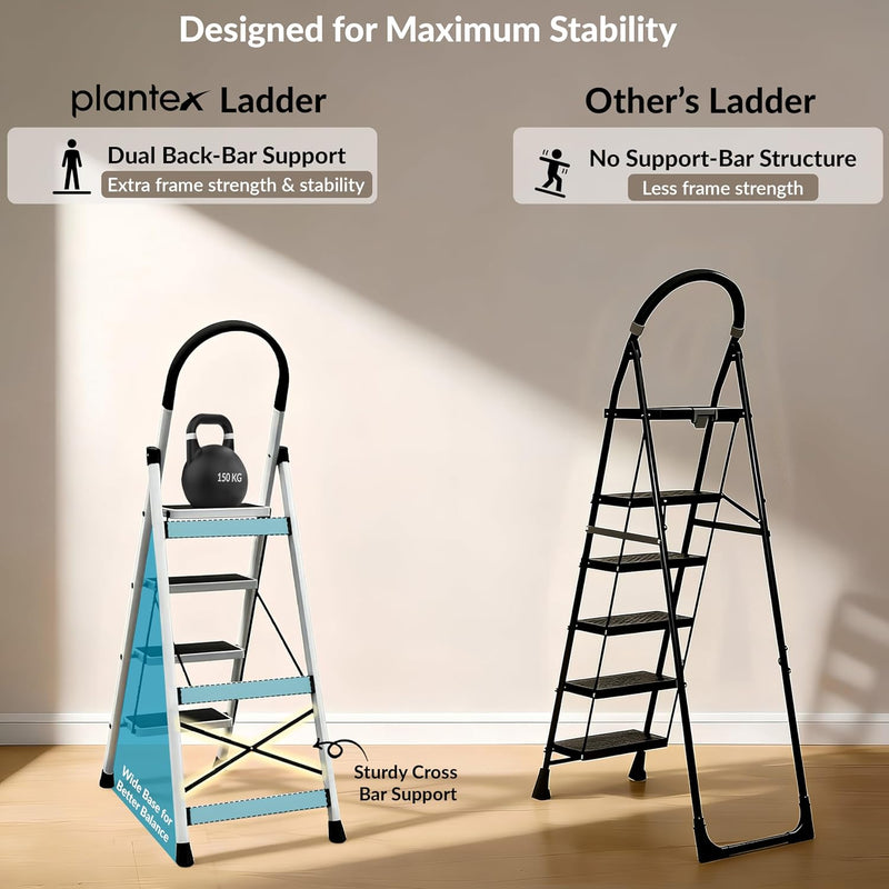 Plantex Ladder for Home 4 Steps/Foldable Ladder with Anti-Skid Wide Steps (30L x 20W cm)/Strong D-Shape Pipe with X-Support for More Stability/5 Year Warranty(Apex-White)