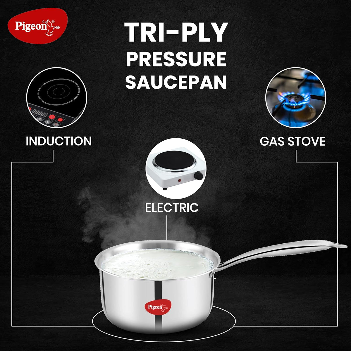 Pigeon Elite Stainless Steel Triply Sauce Pan / Tope, Gas Stove and Induction Compatible