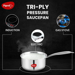 Pigeon Elite Stainless Steel Triply Sauce Pan / Tope, Gas Stove and Induction Compatible