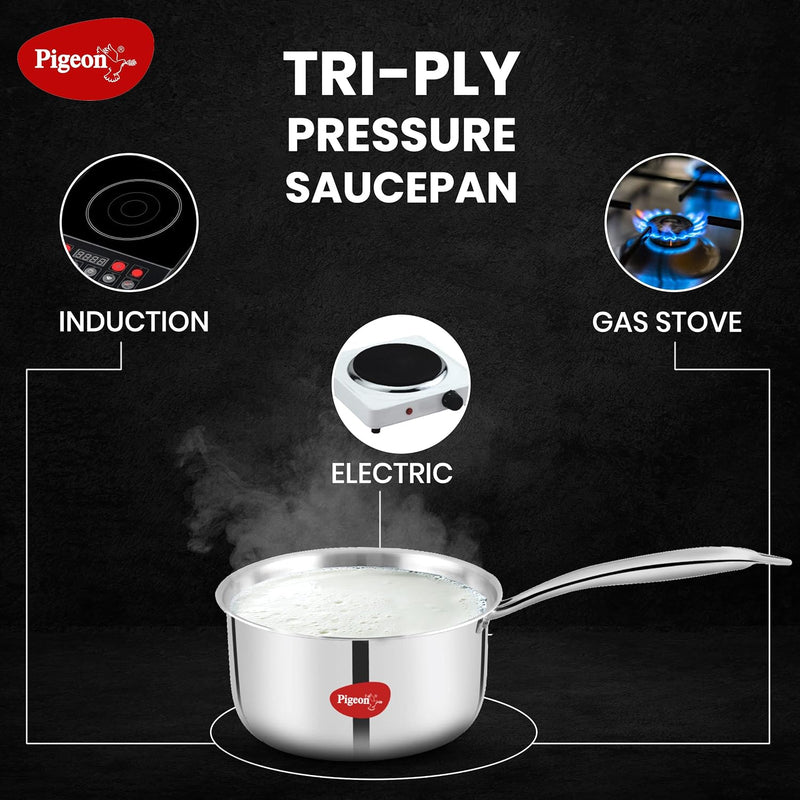 Pigeon Elite Stainless Steel Triply Sauce Pan / Tope, Gas Stove and Induction Compatible