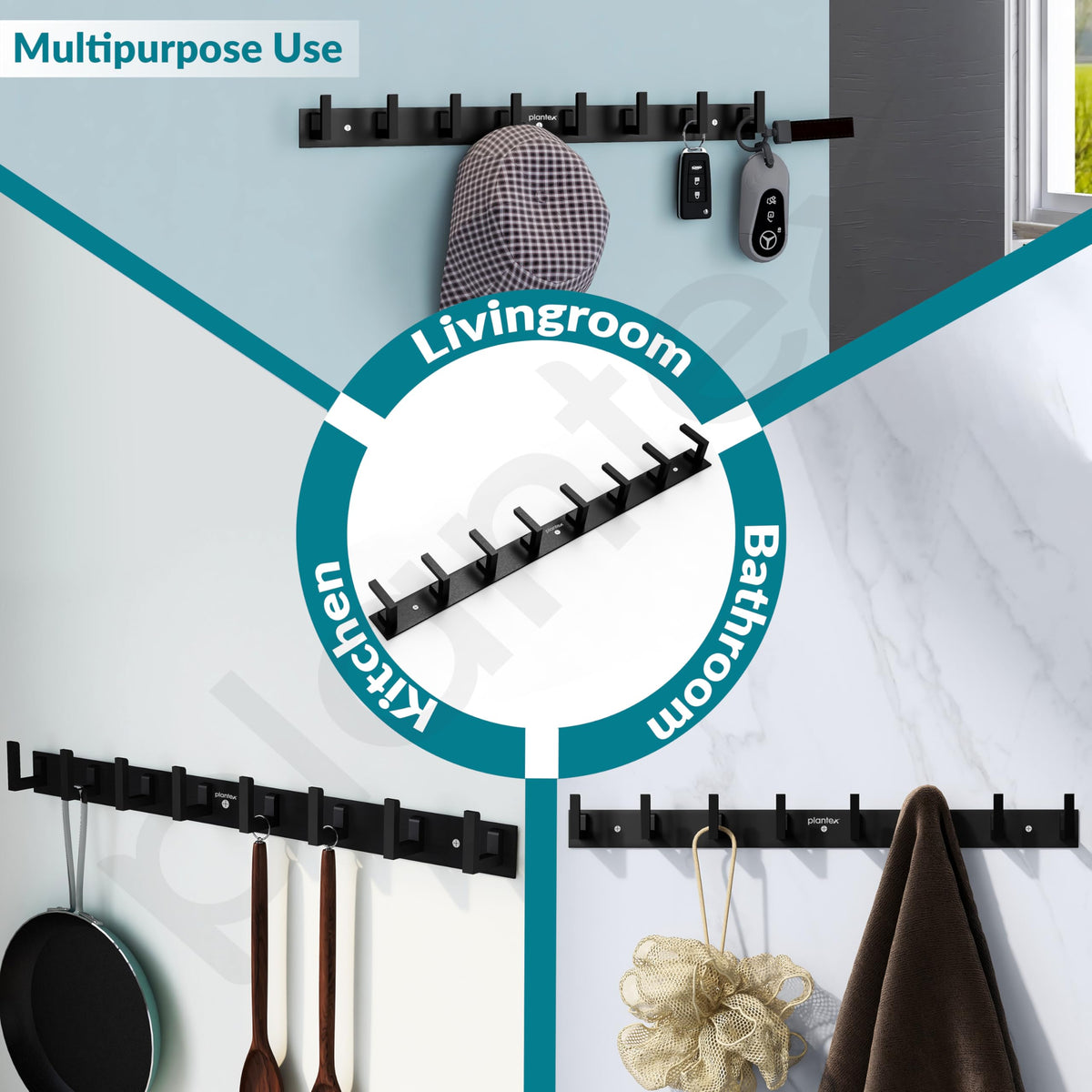 Plantex Aluminum Hook Rail with L-Shape Hooks for Walls of Bathroom/KitchenHook Rail Bar for Clothes/Towel/Keys-Pack of 2 (8 Hooks, Black)-5