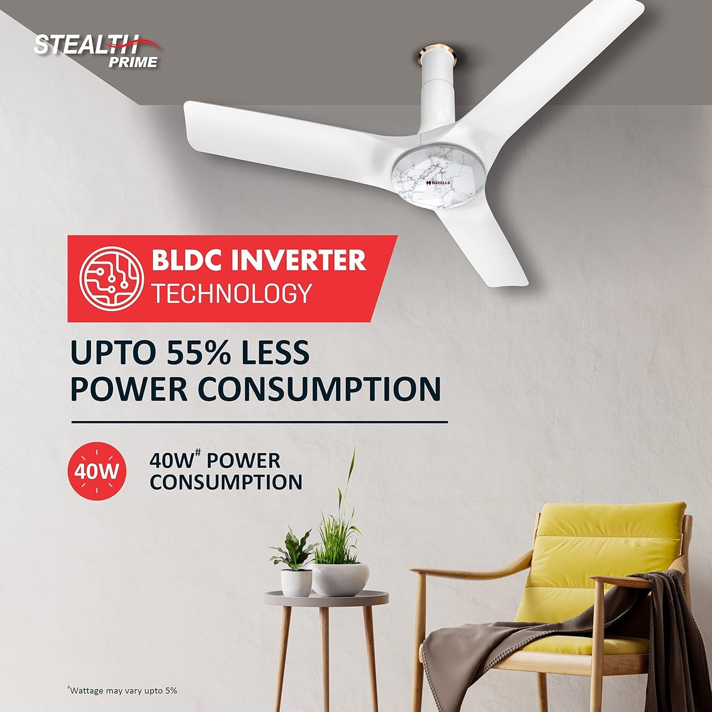 Havells 1200mm Stealth Prime Bldc Motor Ceiling Fan Most Silent & Premium,5 stars With Rf Remote,100% Copper Upto 55% Energy Saving,Timer,Memory Backup (Pack Of 1,Marble Pearl White)