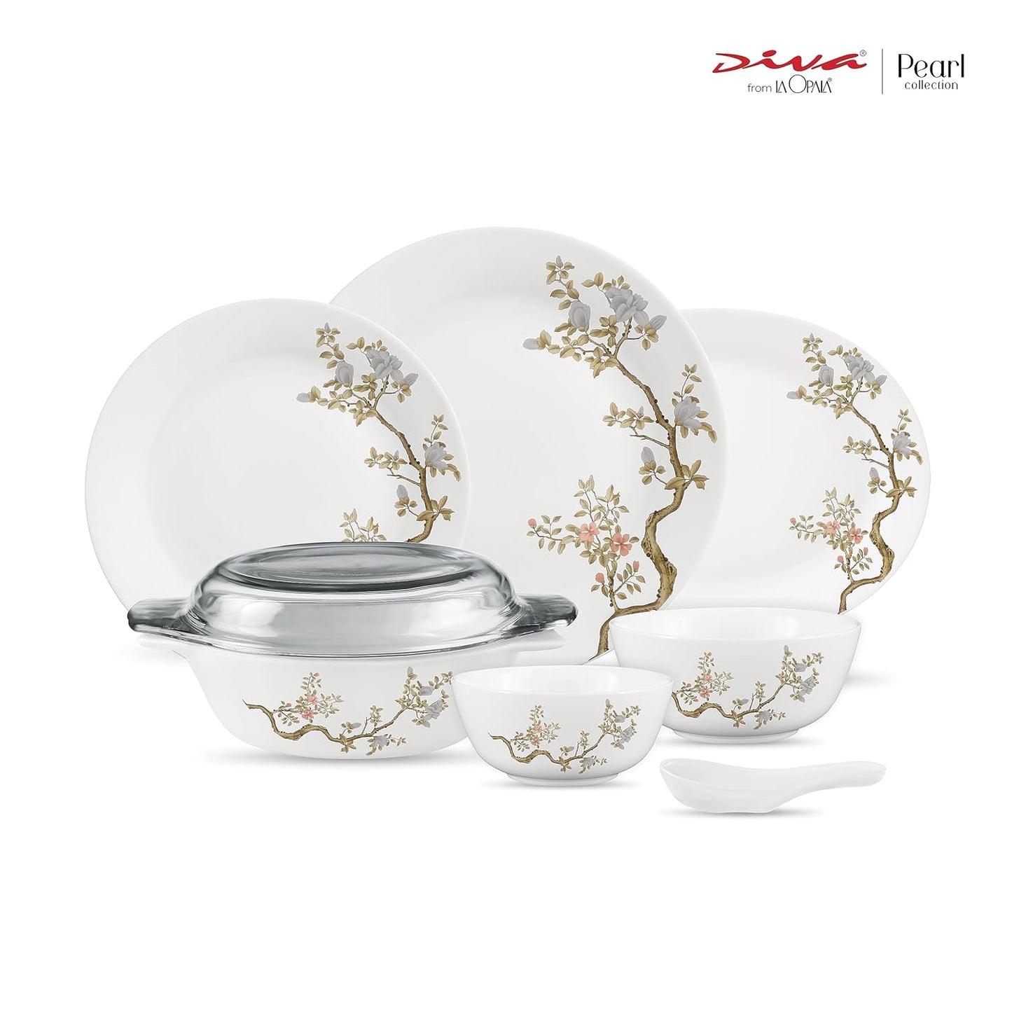 Diva by La Opala, Pearl Collection, Opal Glass Dinner Set 35 pcs, Zen Garden, White