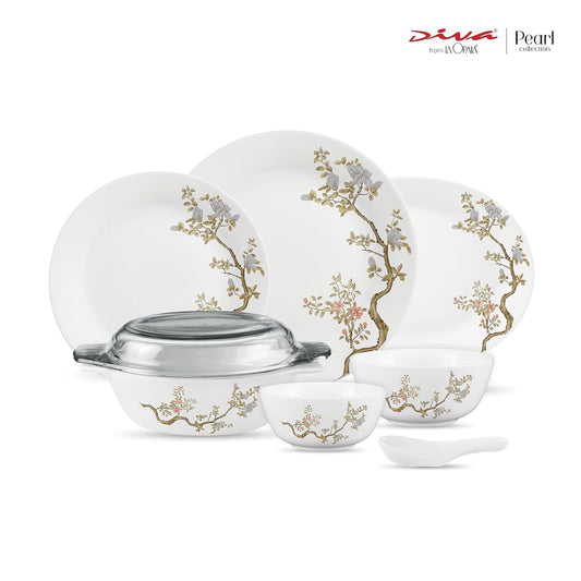 Diva by La Opala, Pearl Collection, Opal Glass Dinner Set 35 pcs, Zen Garden, White