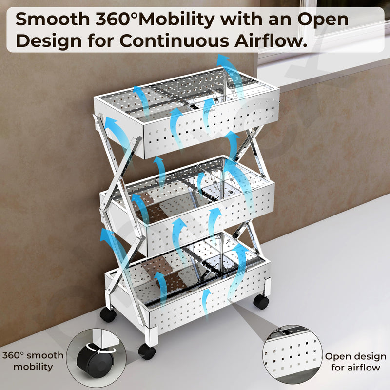 Plantex 3-Tier Vegetable Rack for Kitchen Trolley/Basket for Kitchen Storage/Stainless Steel Multipurpose Storage Fruit,Onion, Potato Storage Stand/Heavy Duty Rolling Utility Cart(Chrome)-6