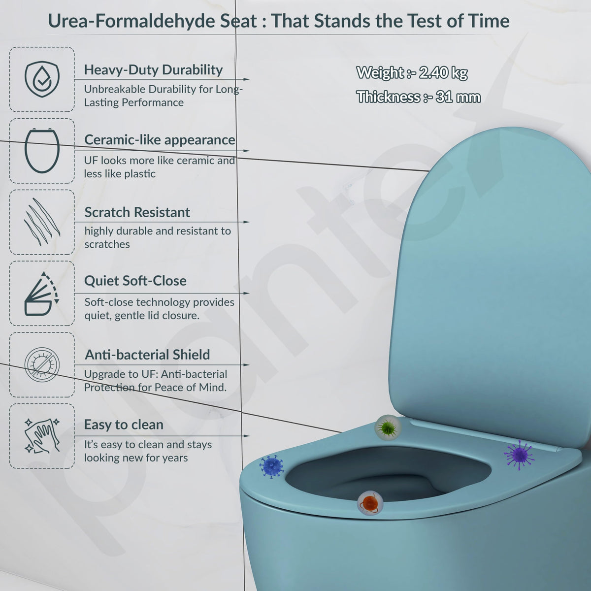 Plantex Imported Ceramic Wall Hung Commode/Rimless Washdown Flush Western Toilet/Round Commode with Soft Closing Toilet Seat - P Trap (Harmony Blue)-4