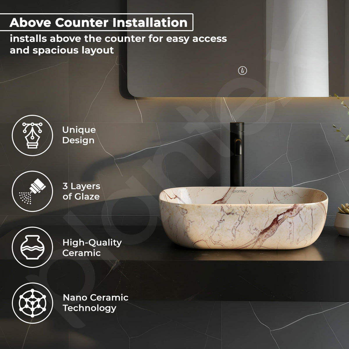Plantex Ceramic Tabletop Sink/Basin for Bathroom/Wash Basin with Brown Veins/Basin for Living Room, Hotel (Marble Finish, 18 x 13 x 5.5 Inch)-2
