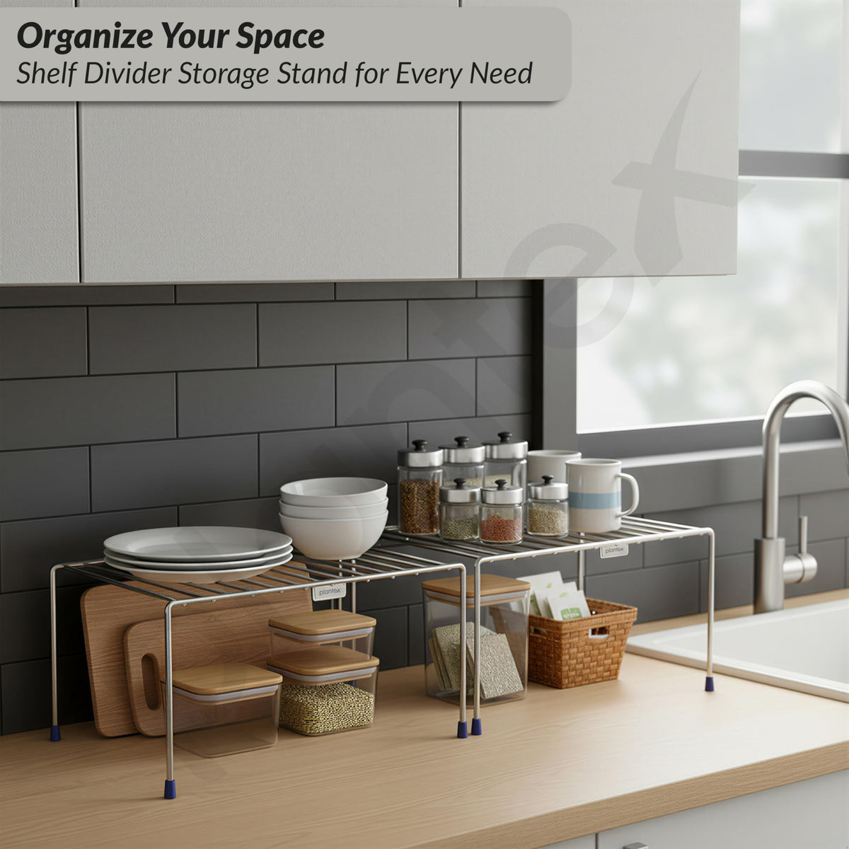 Plantex Stainless Steel Kitchen Shelf Organisers/Shelf Divider for Kitchen Storage/Cabinet Organiser/Plate Stand/Dish Rack - Pack of 2 (Chrome)-3