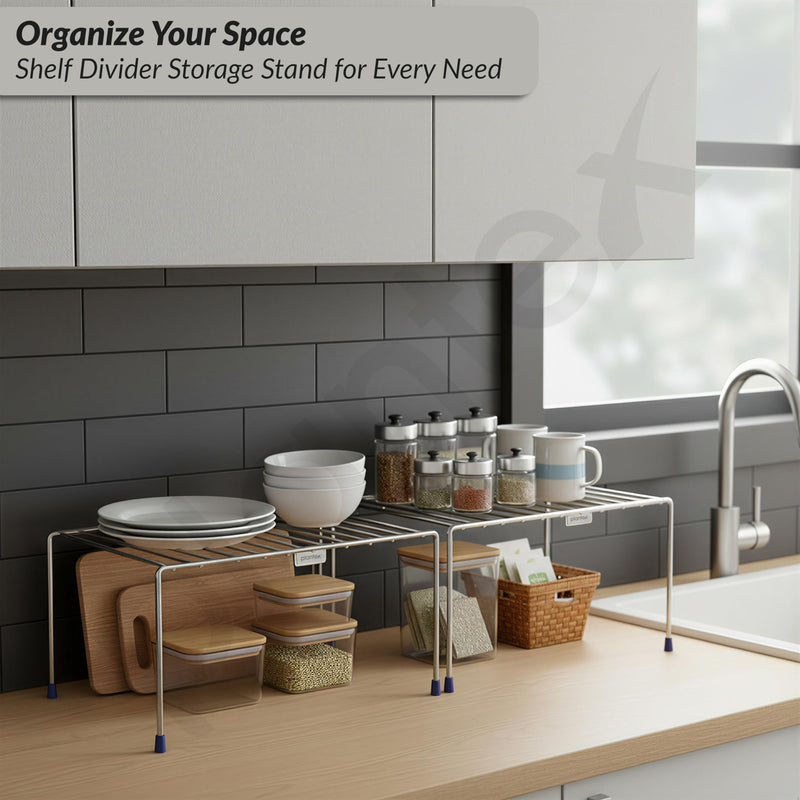 Plantex Stainless Steel Kitchen Shelf Organisers/Shelf Divider for Kitchen Storage/Cabinet Organiser/Plate Stand/Dish Rack - Pack of 2 (Chrome)-3
