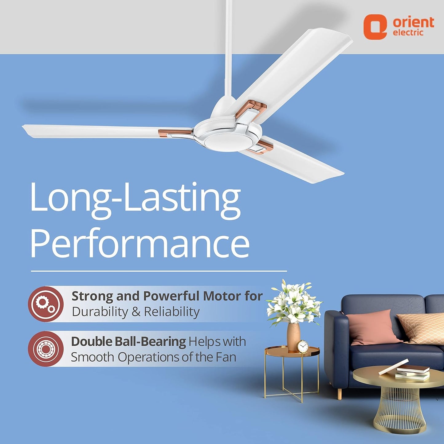 Orient Electric 1200 mm Apex Prime| 5 years warranty by Orient | 350 RPM motor speed| Rust-proof Aluminium blades| Decorative ring & trims| White, pack of 2