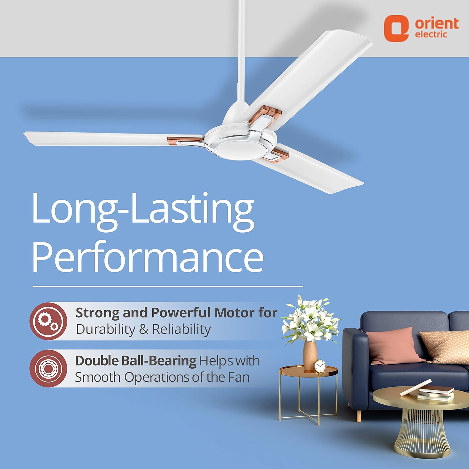 Orient Electric 1200 mm Apex Prime| 5 years warranty by Orient | 350 RPM motor speed| Rust-proof Aluminium blades| Decorative ring & trims| White, pack of 2