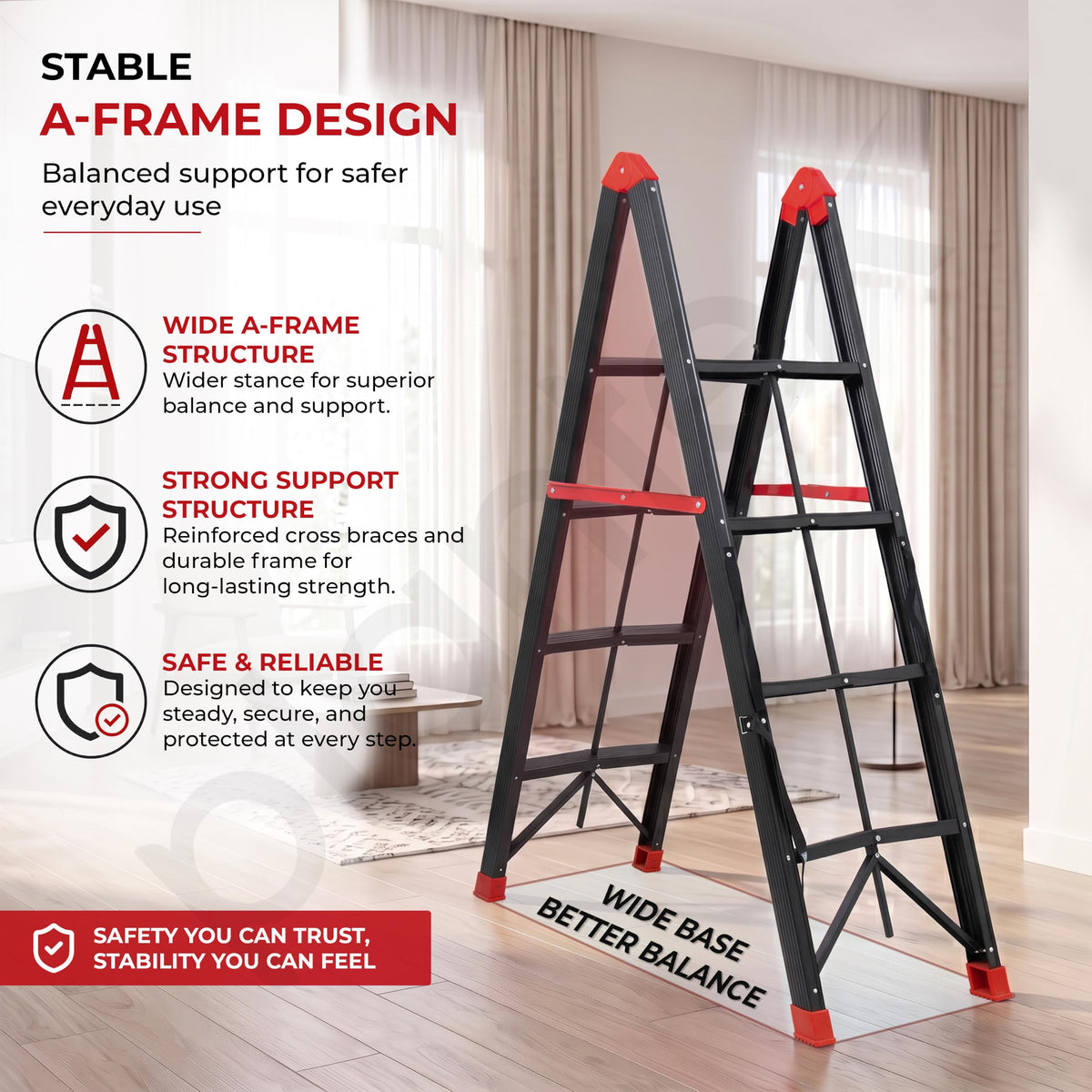 Plantex Ladder for Home 4 Steps/Foldable Heavy-Duty A-Frame Step Ladder/Home, Office & Warehouse - (Red & Black,150 kg Capacity)