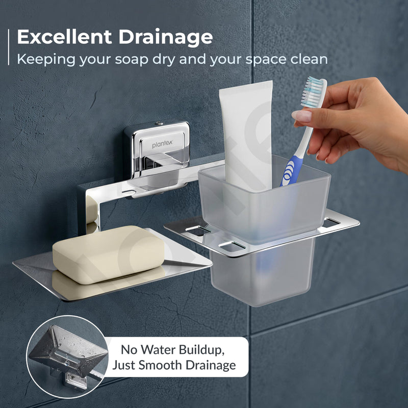 Plantex SS - 304 Grade Decan 2 in1 Soap Dish with Tumbler Holder/Soap Stand/Tooth Brush Holder/Bathroom Accessories - Decan (Chrome)-6