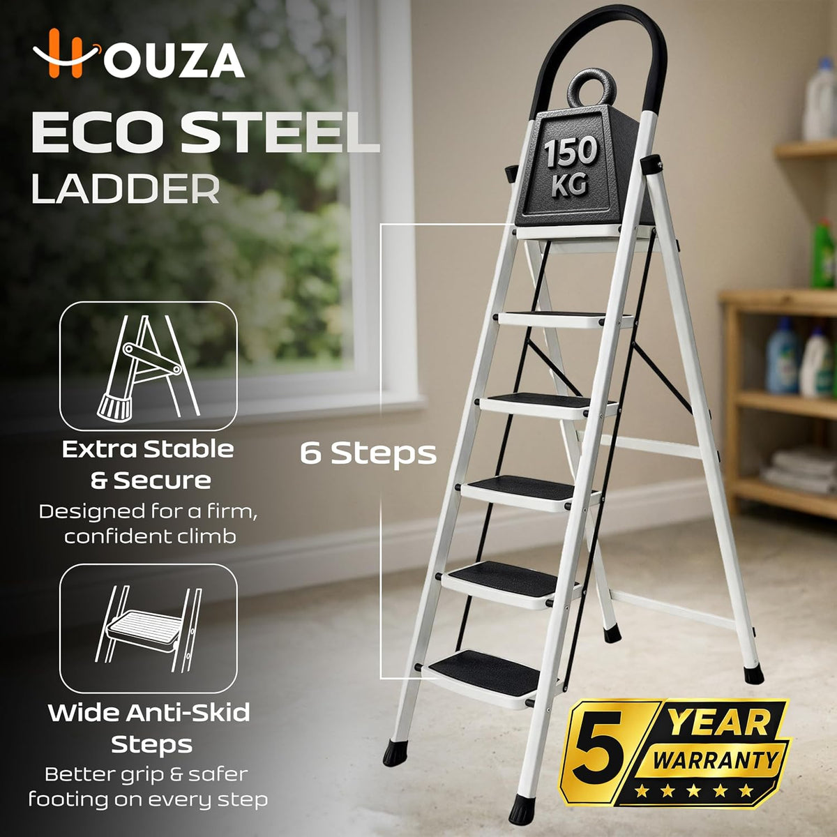 HOUZA Steel Ladder for Home 6 Steps Foldable with Anti-Skid Wide Steps (30cm x 20cm) | 6 Step Ladder for Home Use with D-Shape Rods | Secure Lock | 150 Kg Capacity Folding Ladder | 5 Year Warranty