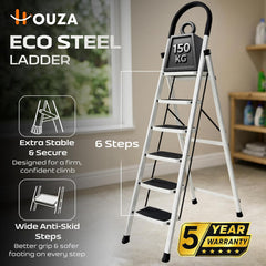 HOUZA Steel Ladder for Home 6 Steps Foldable with Anti-Skid Wide Steps (30cm x 20cm) | 6 Step Ladder for Home Use with D-Shape Rods | Secure Lock | 150 Kg Capacity Folding Ladder | 5 Year Warranty