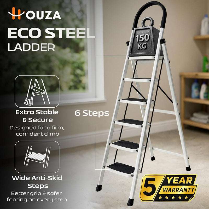 HOUZA Steel Ladder for Home 6 Steps Foldable with Anti-Skid Wide Steps (30cm x 20cm) | 6 Step Ladder for Home Use with D-Shape Rods | Secure Lock | 150 Kg Capacity Folding Ladder | 5 Year Warranty