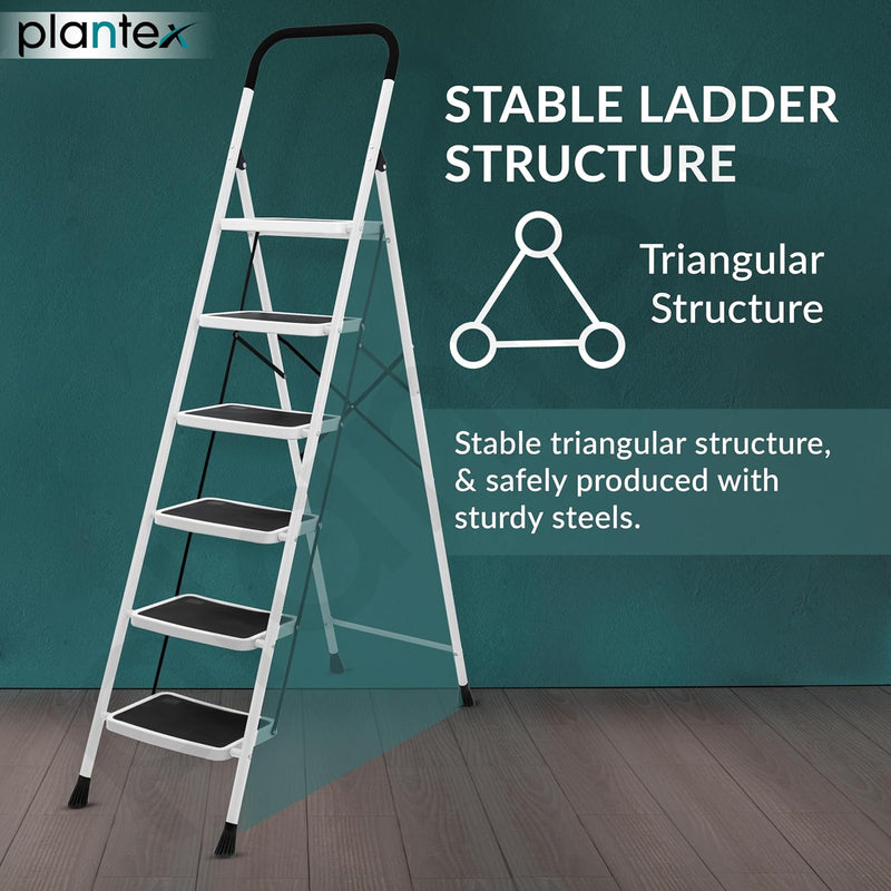Plantex Alloy Steel 6 Step Ladder For Home/Foldable Strong Wide Step Ladder/Anti- Skid 6 Step Ladder - (White & Black)