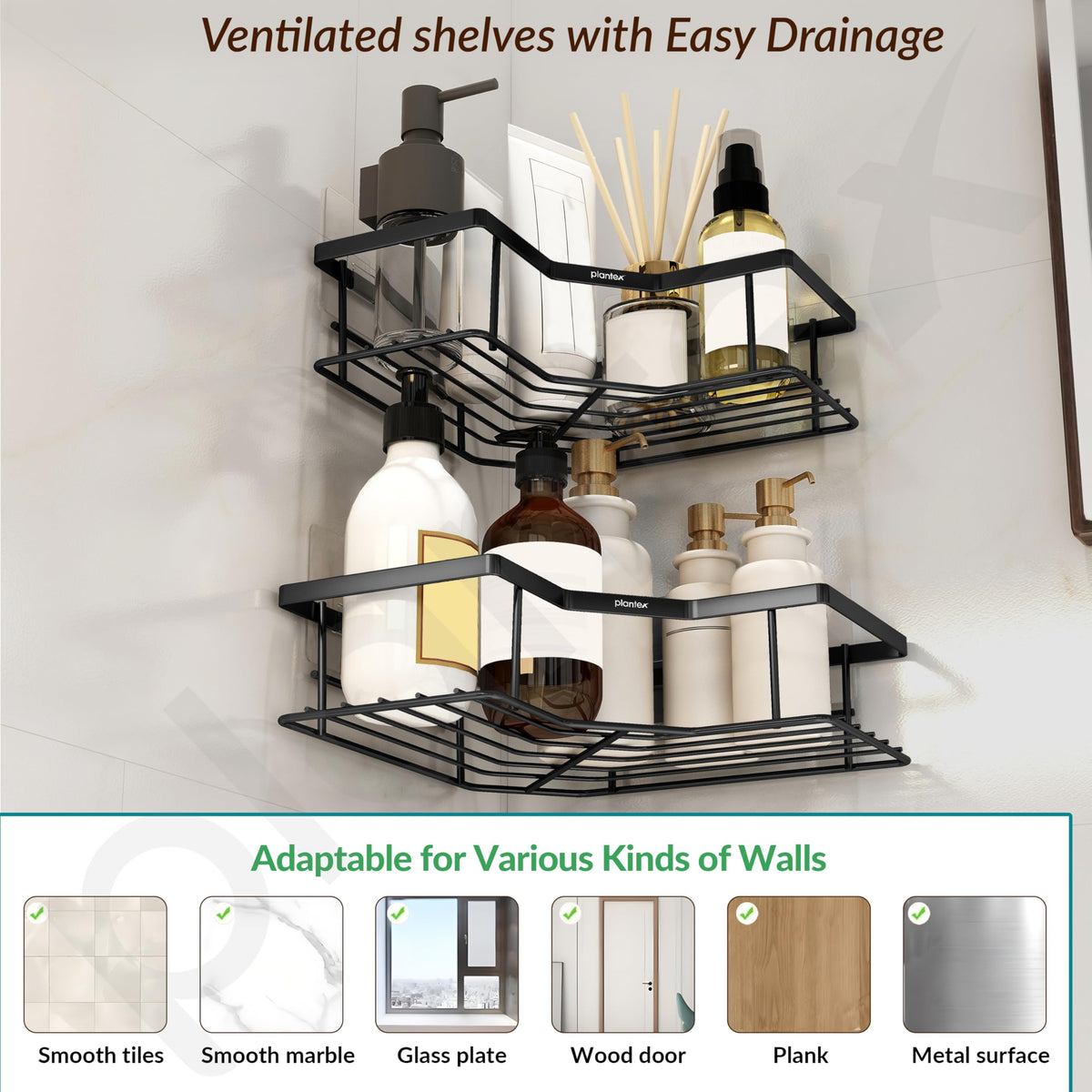 Plantex Alloy Steel Self Adhesive Bathroom Shelf Rack/Bathroom Organizer Without Drill/Corner Shelf for Bathroom Wall/Kitchen Corner Shelves Self Adhesive/Shelves for Kitchen-Pack of 2(Black)-6