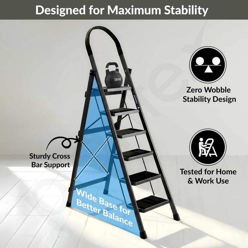 Plantex Ladder for Home 6 Steps/Foldable Ladder with Anti-Skid Wide Steps (30L x 20W cm)/Strong D-Shape Pipe with X-Shape for More Stability/5 Year Warranty(Apex-Black)-5