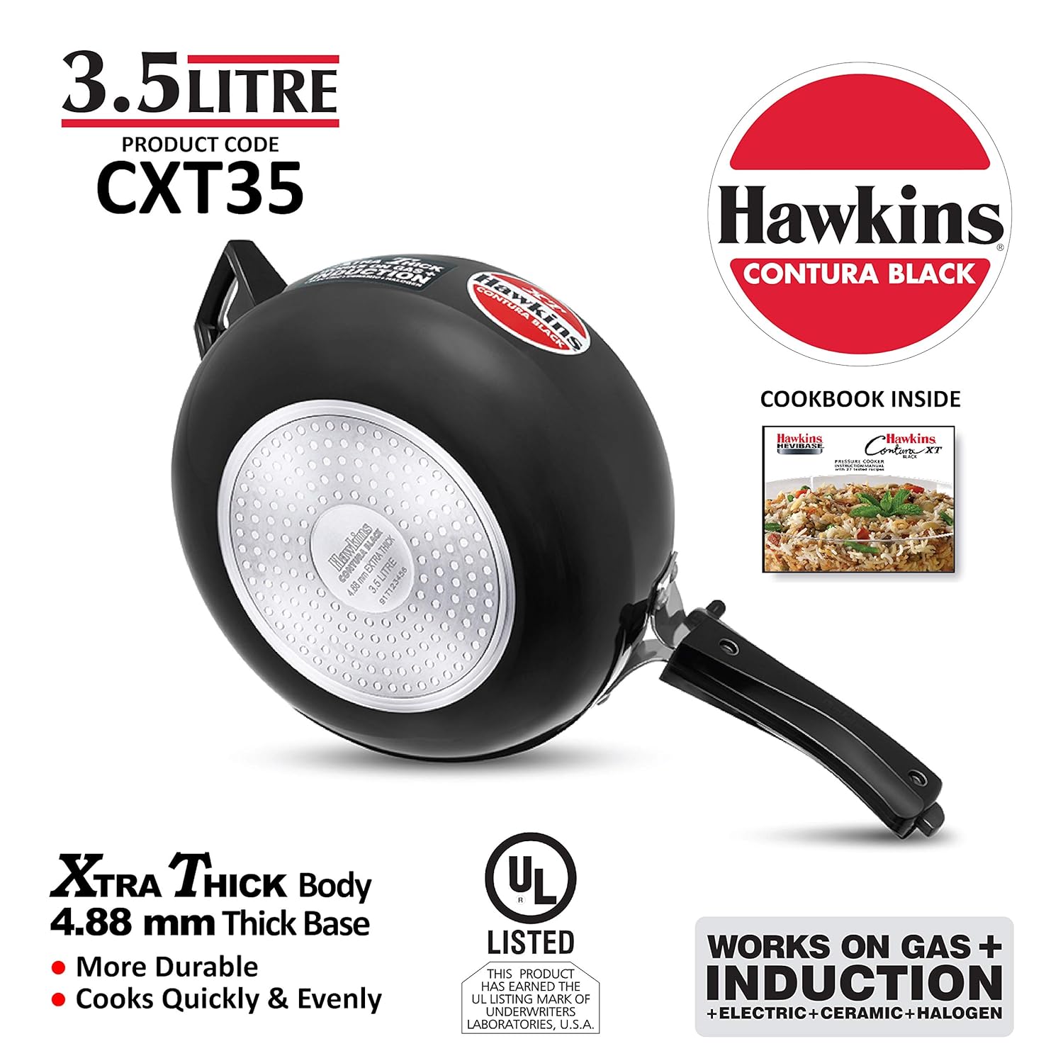 Hawkins Pressure Cooker Contura Hard Anodized Extra Thick Base for Induction, 3.5 L (Black)