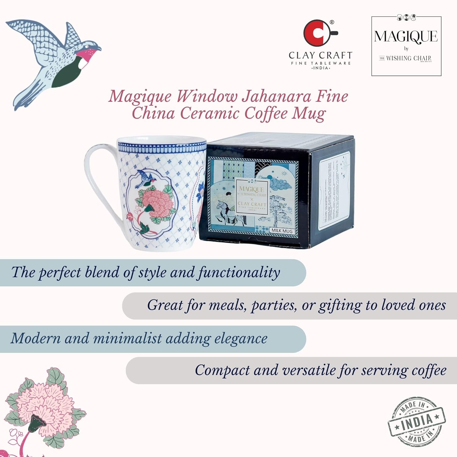 Magique by The Wishing Chair x ClayCraft : Window Jahanara Ceramic Coffee Mug 300ml | Fine China Milk Tea Cup | Elegant Floral Mug for Home Office Gifting | Microwave & Dishwasher Safe