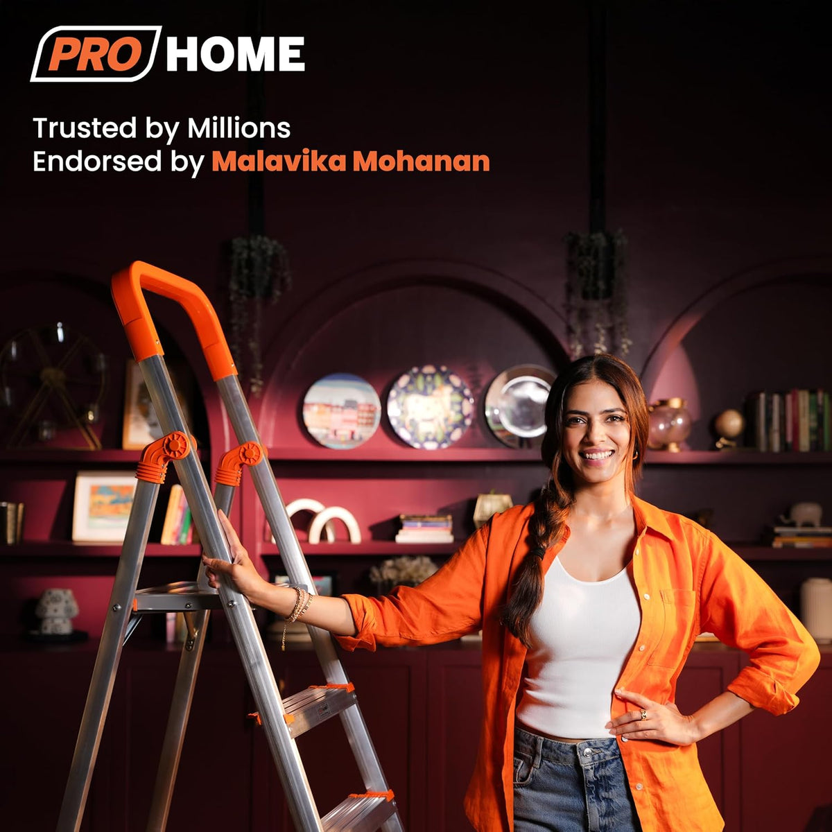 PROHOME Aluminium Ladder for Home 5 Steps Foldable with Railing & Anti-Skid Wide Steps | 5 Step Ladder for Home Use, Kitchen & Household | 250 Kg Capacity Folding Ladder | 5 Year Warranty (Orange)