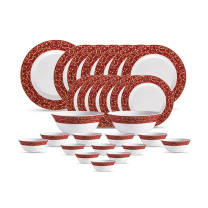 La Opala Diva Sovrana Collection Opal Glass Crockery | for Family of 6 | Dinner Set 27 pcs Anassa Red | Plates & Bowls for Dining | Microwave Safe | 100% Vegetarian | Extra Strong | Light & White