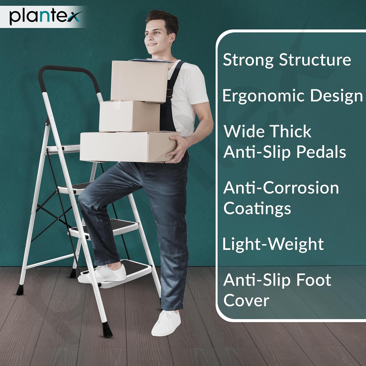 Plantex Alloy Steel 4 Step Ladder For Home/Foldable Strong Wide Step Ladder/Anti- Skid 4 Step Ladder - (White & Black)