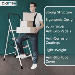 Plantex Alloy Steel 4 Step Ladder For Home/Foldable Strong Wide Step Ladder/Anti- Skid 4 Step Ladder - (White & Black)