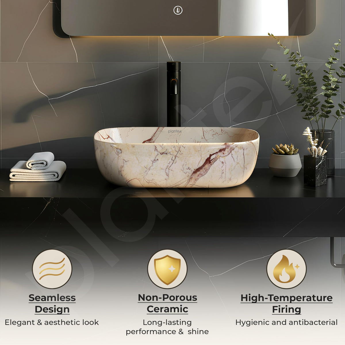 Plantex Ceramic Tabletop Sink/Basin for Bathroom/Wash Basin with Brown Veins/Basin for Living Room, Hotel (Marble Finish, 18 x 13 x 5.5 Inch)-6