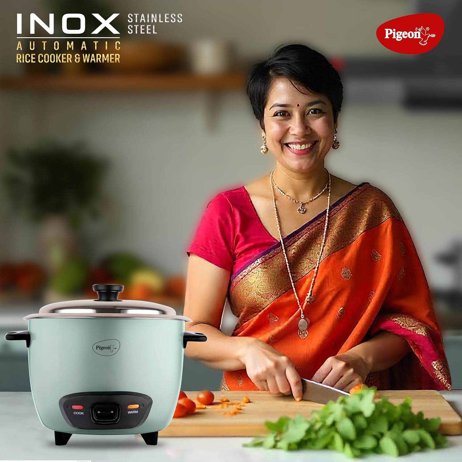 Pigeon Inox Rice Cooker with Single pot, 1.8 litres | Stainless Steel Lid | 700 Watts | 1 Steel Cooking Pot | Measuring Cup | Spatula | Energy Efficient Cooking