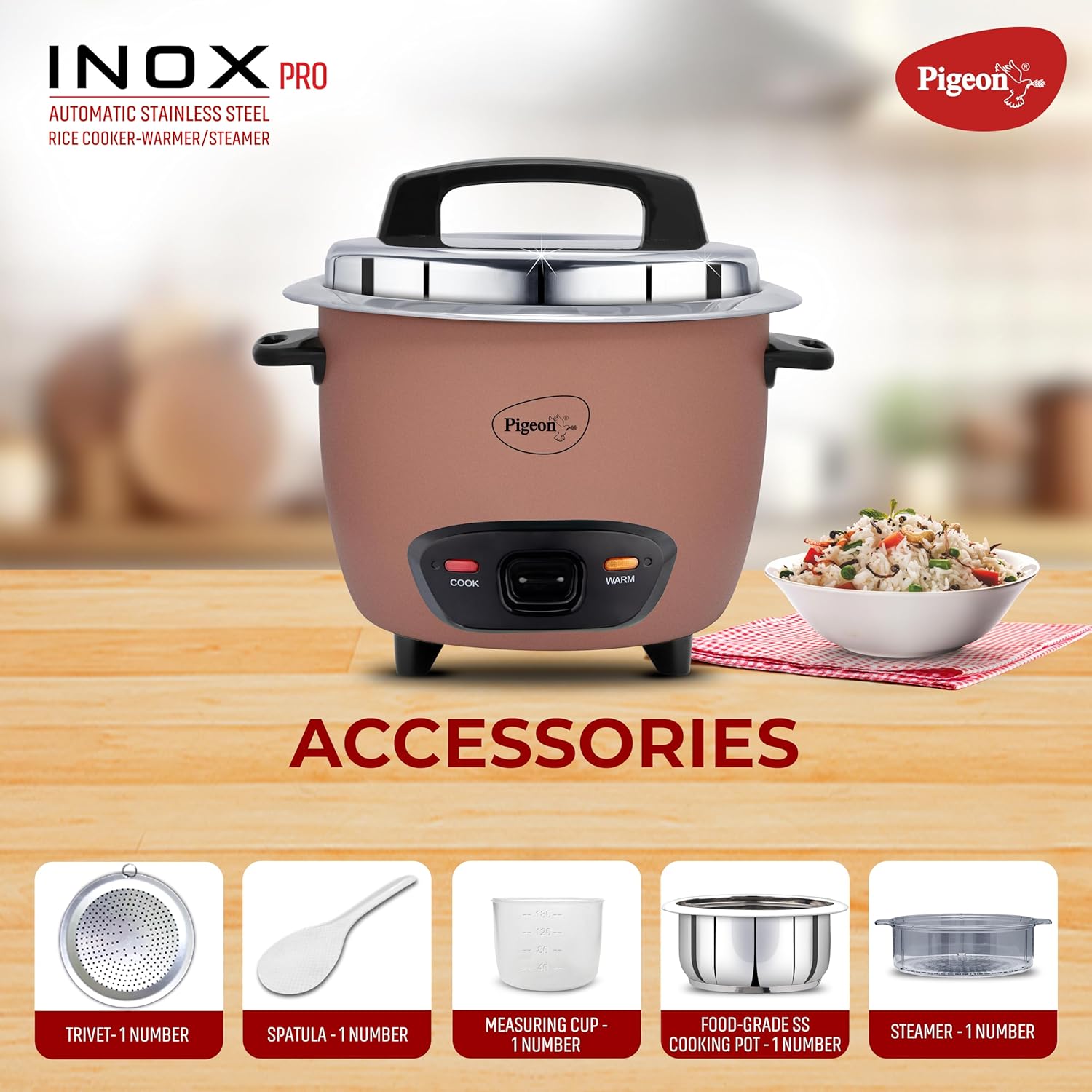 Pigeon Inox Pro Rice Cooker with Steamer, 1.8 litres | Stainless Steel Lid | 700 Watts | 1 Steel Cooking Pot | Measuring Cup | Spatula | Energy Efficient Cooking (Pink)